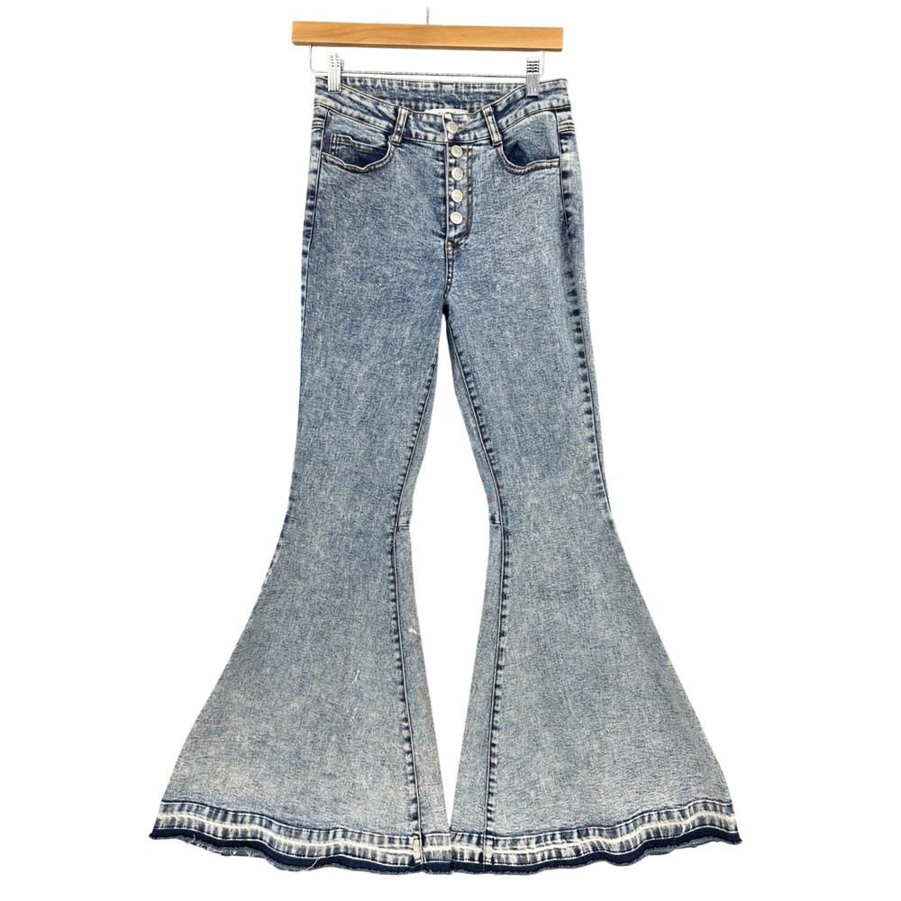 Peach Love California Acid Wash Star Patch Flare Bell Bottom Jeans Blue M 26x29